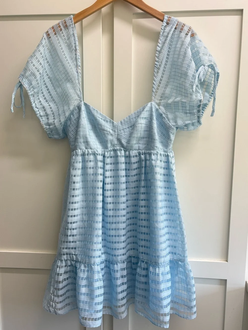 Amanda Uprichard Sicily Mini Dress Powder Blue Textured Puff Sleeve Medium - Picture 11 of 14